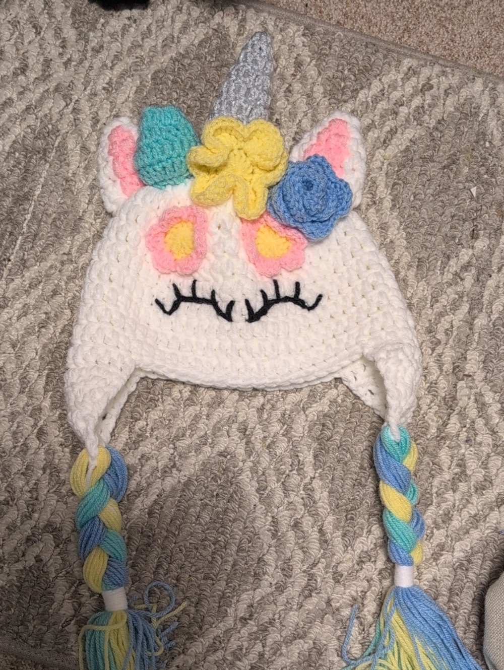 White Unicorn Crochet Earflap Hat with Pastel Flowers - Ladies Accessories